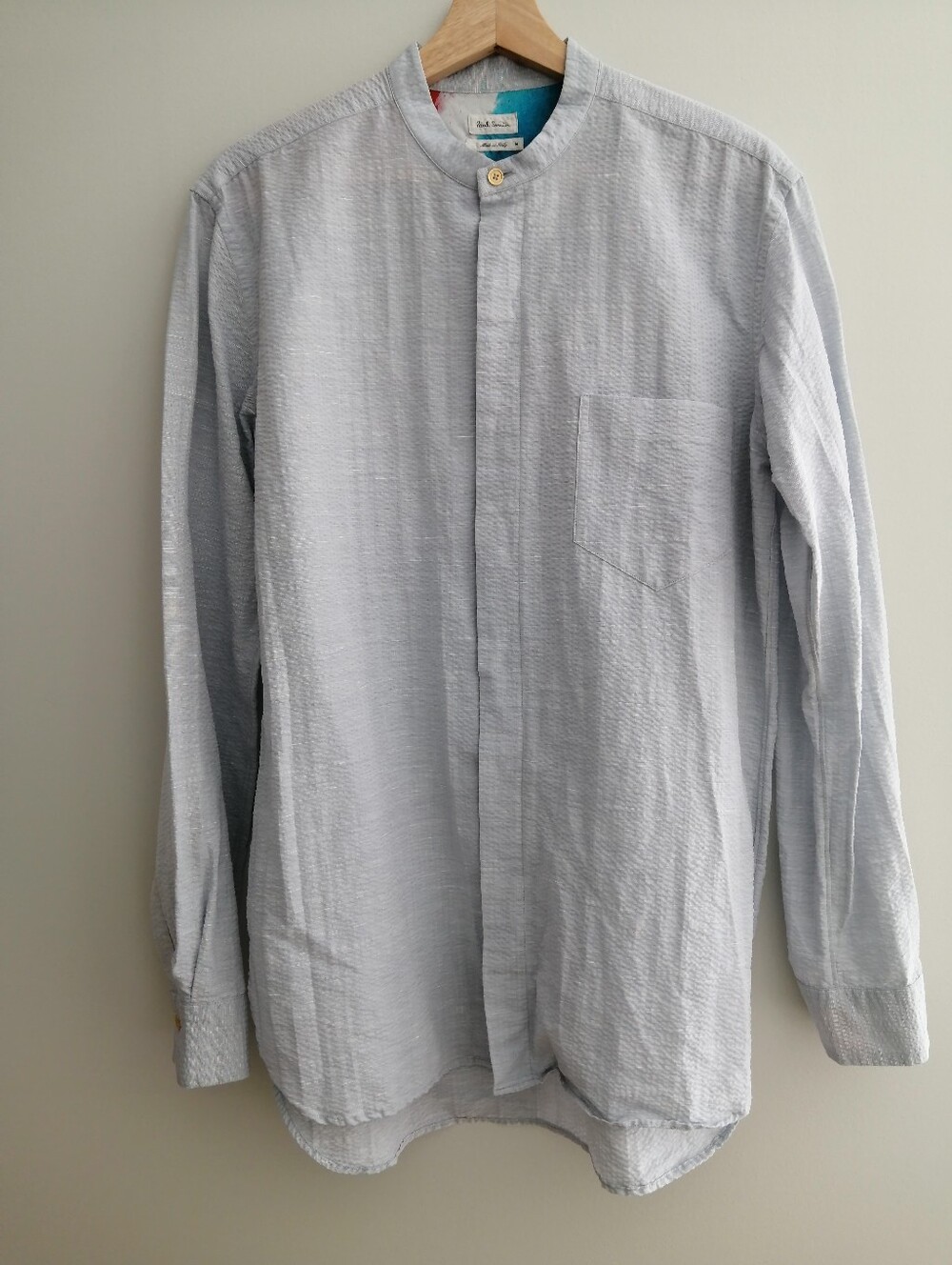 Paul Smith Men's Grandad Collar Seersucker Cotton Linen Shirt Gray/Blue Medium